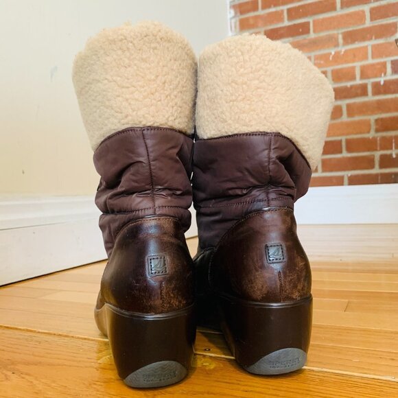 Sperry Snug Harbor Wedge Winter Boots Womens Size 10 M Brown Leather Faux Fur - Picture 14 of 16